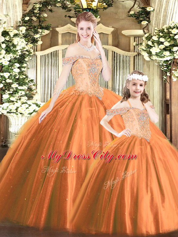 Trendy Orange Red Ball Gowns Beading 15 Quinceanera Dress Lace Up Tulle Sleeveless Floor Length