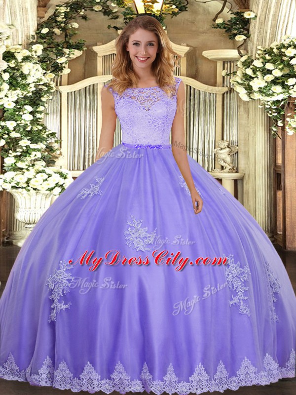 Chic Lavender Quinceanera Gowns Military Ball and Sweet 16 and Quinceanera with Lace and Appliques Scoop Sleeveless Clasp Handle