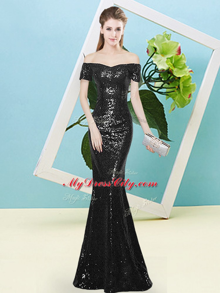 Short Sleeves Sequined Floor Length Zipper Prom Dress in Black with Sequins