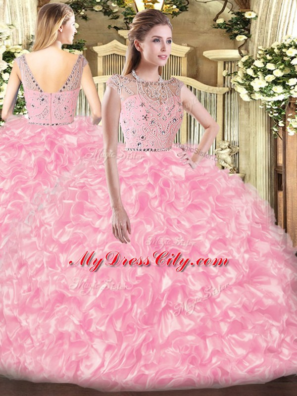 Fashionable Rose Pink Zipper Bateau Beading and Ruffles Quinceanera Dresses Tulle Sleeveless