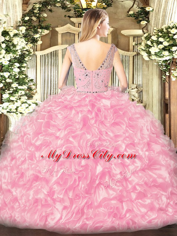 Fashionable Rose Pink Zipper Bateau Beading and Ruffles Quinceanera Dresses Tulle Sleeveless