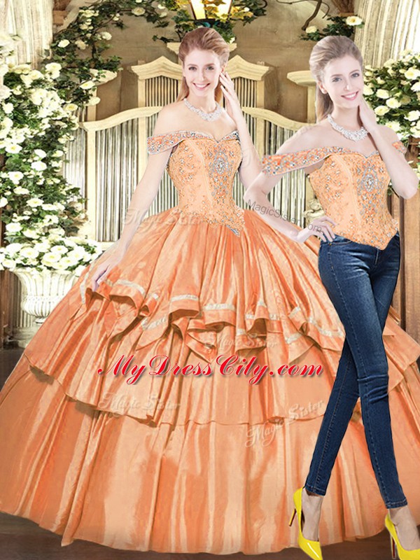 Orange Red Off The Shoulder Neckline Beading and Ruffled Layers Quinceanera Gown Sleeveless Lace Up