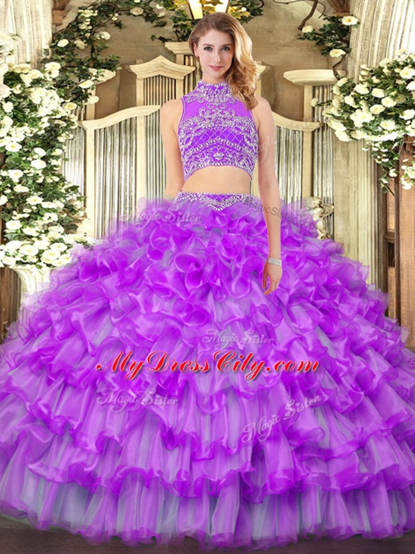 High Quality Purple High-neck Neckline Beading and Ruffled Layers Vestidos de Quinceanera Sleeveless Backless