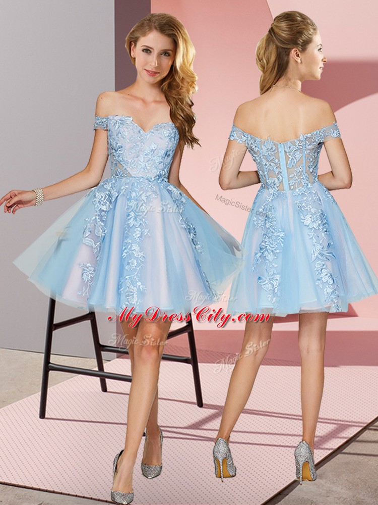 Off The Shoulder Sleeveless Zipper Court Dresses for Sweet 16 Light Blue Tulle