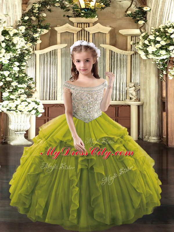 Fashion Olive Green Sleeveless Floor Length Beading and Ruffles Lace Up Pageant Dresses