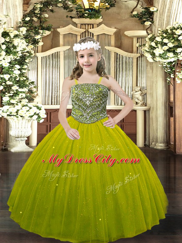 Customized Floor Length Olive Green Girls Pageant Dresses Straps Sleeveless Lace Up