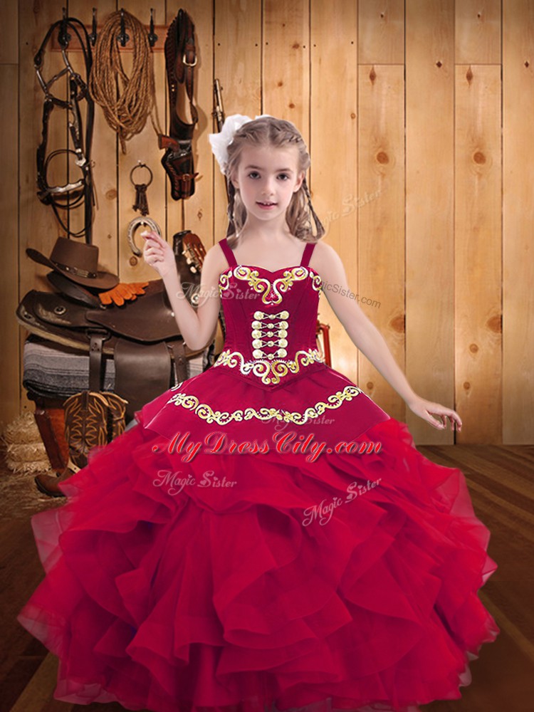 Red Lace Up Little Girls Pageant Dress Embroidery and Ruffles Sleeveless Floor Length