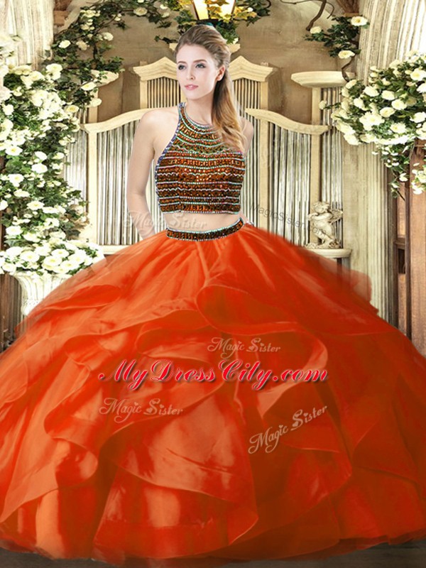 Ball Gowns Quinceanera Dress Orange Red Halter Top Organza Sleeveless Floor Length Zipper