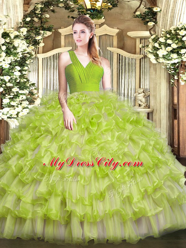 Yellow Green Sweet 16 Dresses Military Ball and Sweet 16 and Quinceanera with Ruffled Layers V-neck Sleeveless Zipper