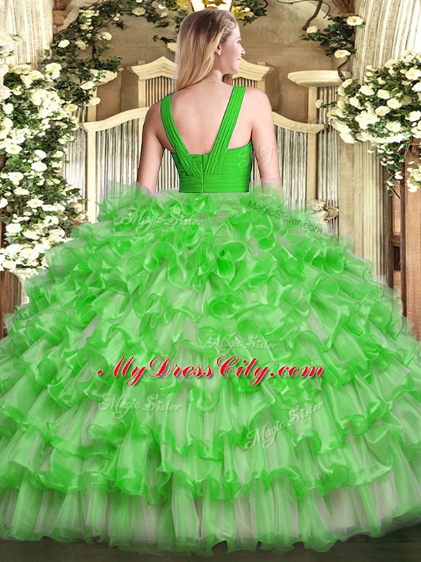 Yellow Green Sweet 16 Dresses Military Ball and Sweet 16 and Quinceanera with Ruffled Layers V-neck Sleeveless Zipper