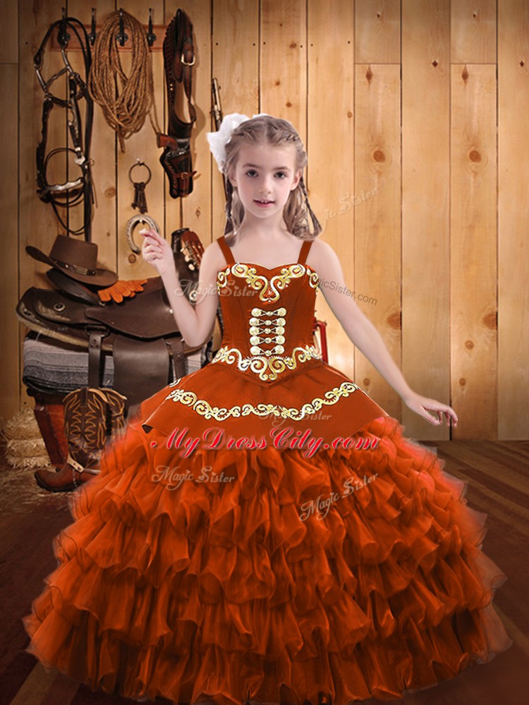 Customized Rust Red Ball Gowns Organza Straps Sleeveless Embroidery and Ruffled Layers Floor Length Lace Up Girls Pageant Dresses