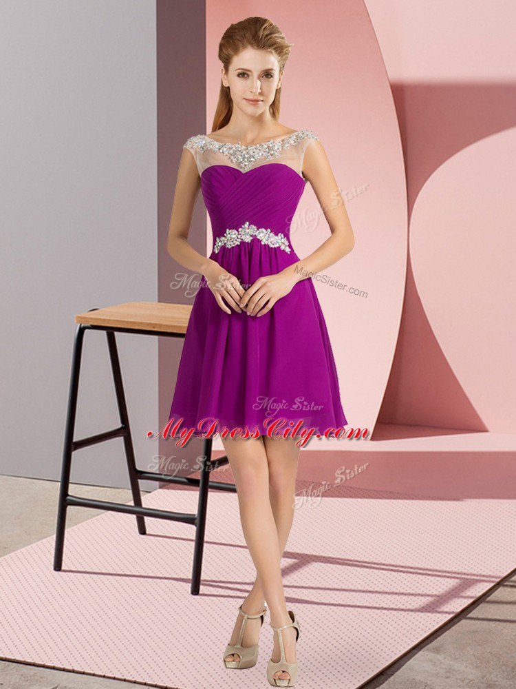 Fancy Beading Fuchsia Lace Up Cap Sleeves Mini Length