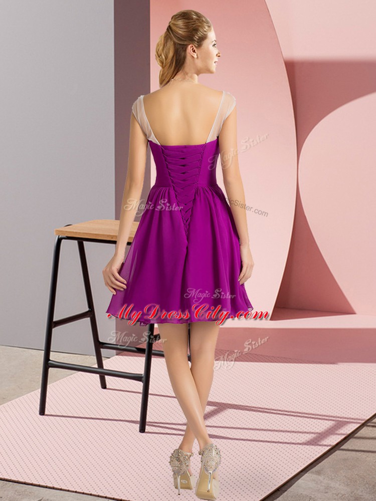 Fancy Beading Fuchsia Lace Up Cap Sleeves Mini Length