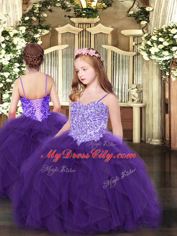 Stunning Floor Length Lace Up Pageant Dress for Teens Purple for Party and Quinceanera with Appliques and Ruffles