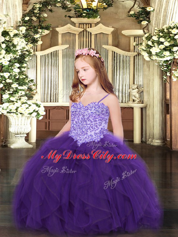 Stunning Floor Length Lace Up Pageant Dress for Teens Purple for Party and Quinceanera with Appliques and Ruffles