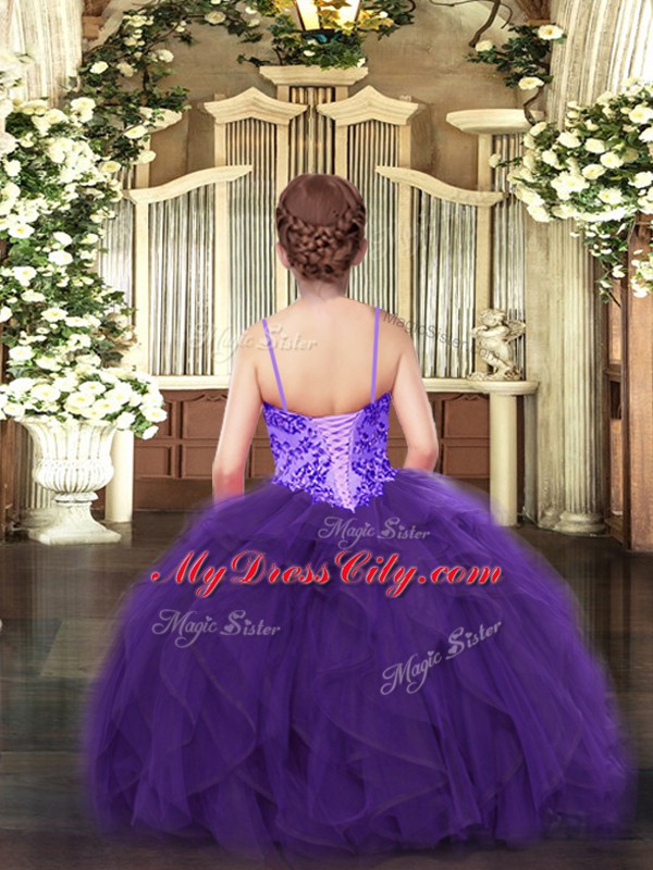 Stunning Floor Length Lace Up Pageant Dress for Teens Purple for Party and Quinceanera with Appliques and Ruffles