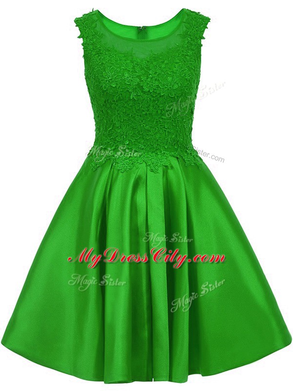 Glorious Green Satin Zipper Scoop Sleeveless Mini Length Bridesmaid Dresses Lace