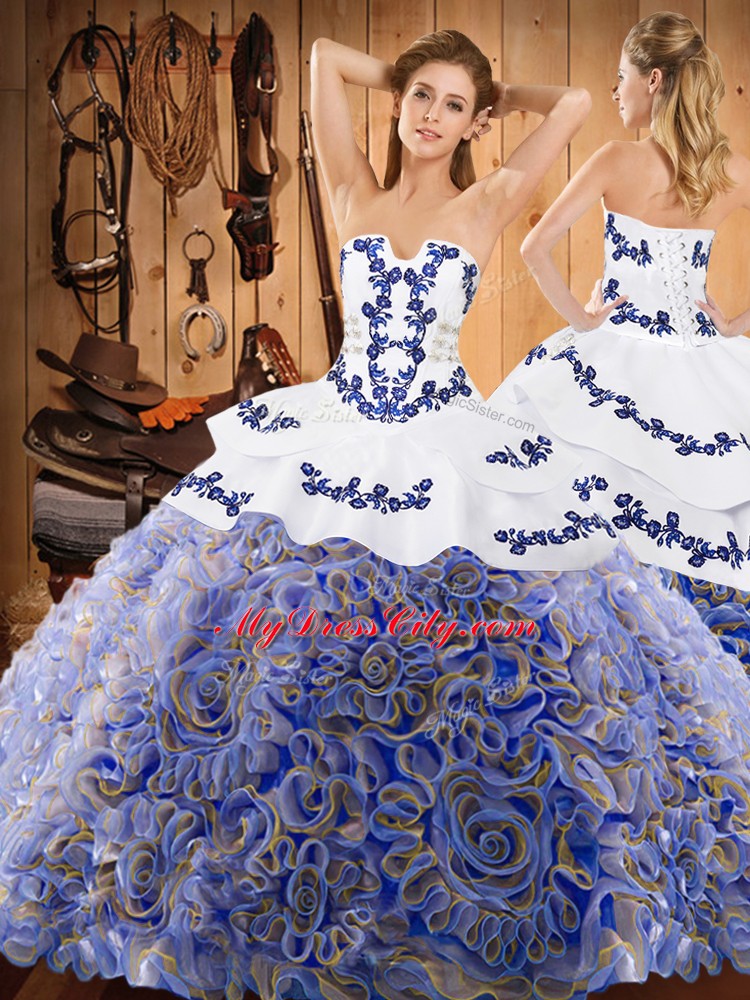 Multi-color Sweet 16 Dress Military Ball and Sweet 16 and Quinceanera with Embroidery Strapless Sleeveless Sweep Train Lace Up