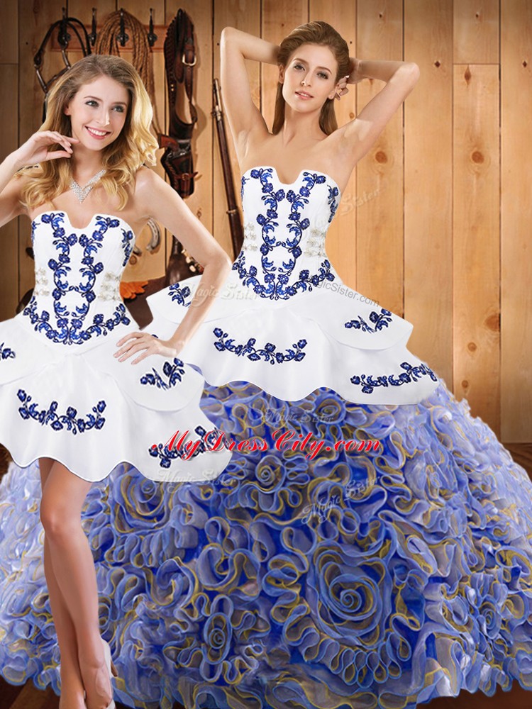 Multi-color Sweet 16 Dress Military Ball and Sweet 16 and Quinceanera with Embroidery Strapless Sleeveless Sweep Train Lace Up