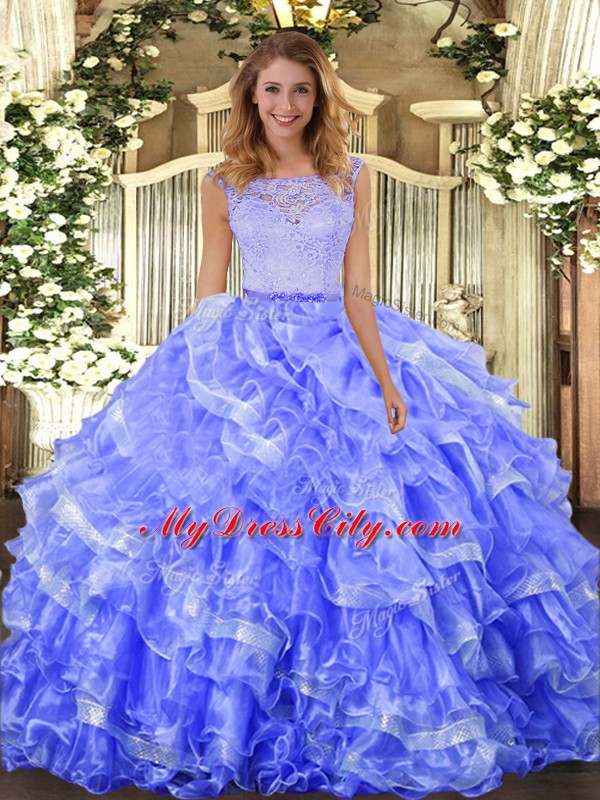 Beautiful Organza Scoop Sleeveless Clasp Handle Lace and Ruffled Layers Ball Gown Prom Dress in Blue