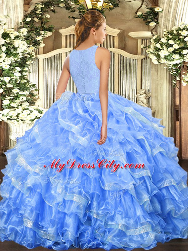 Beautiful Organza Scoop Sleeveless Clasp Handle Lace and Ruffled Layers Ball Gown Prom Dress in Blue