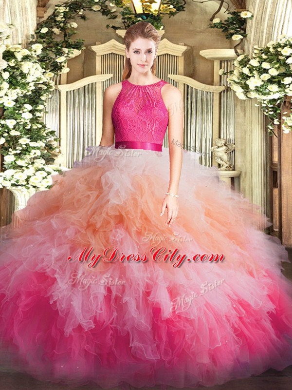 Sleeveless Organza Floor Length Zipper Quinceanera Gown in Multi-color with Lace and Ruffles