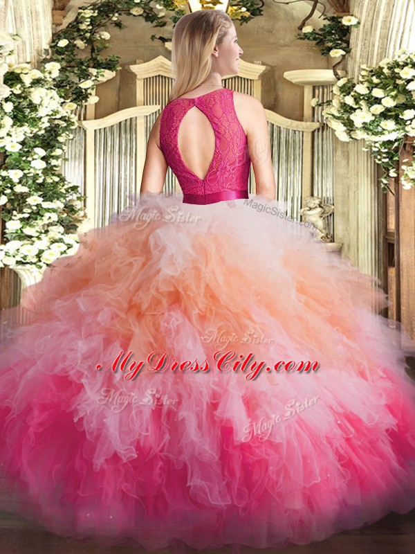 Sleeveless Organza Floor Length Zipper Quinceanera Gown in Multi-color with Lace and Ruffles