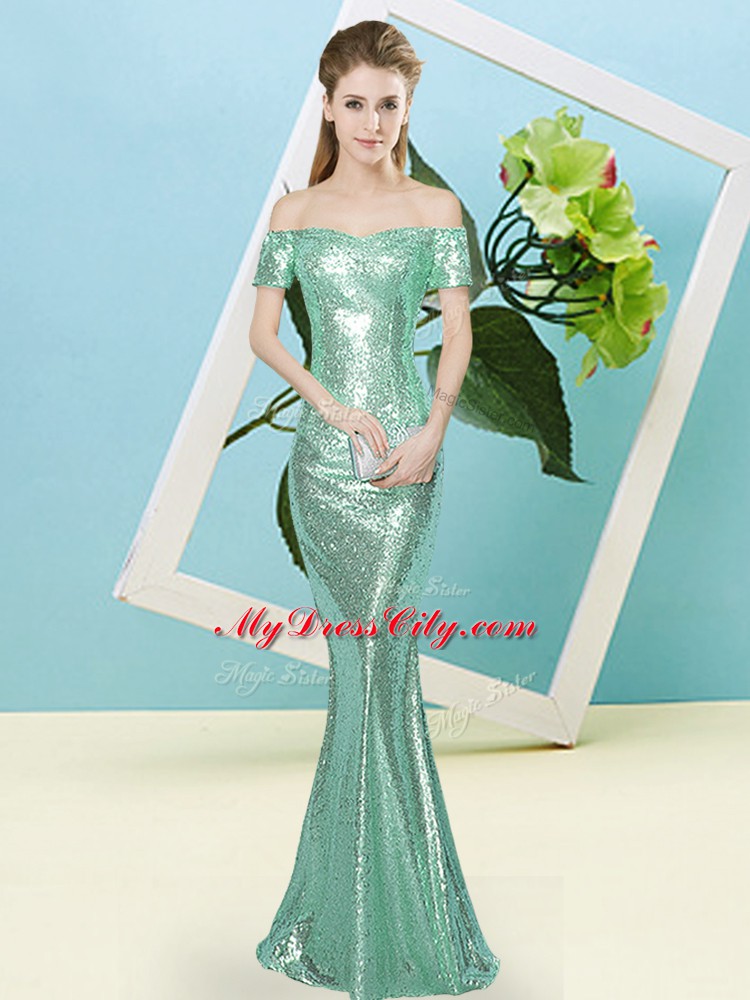 Deluxe Floor Length Mermaid Short Sleeves Apple Green Prom Dress Zipper