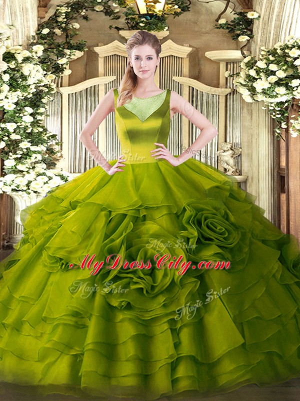 Admirable Organza Scoop Sleeveless Side Zipper Beading and Ruffled Layers Quinceanera Dresses in Olive Green