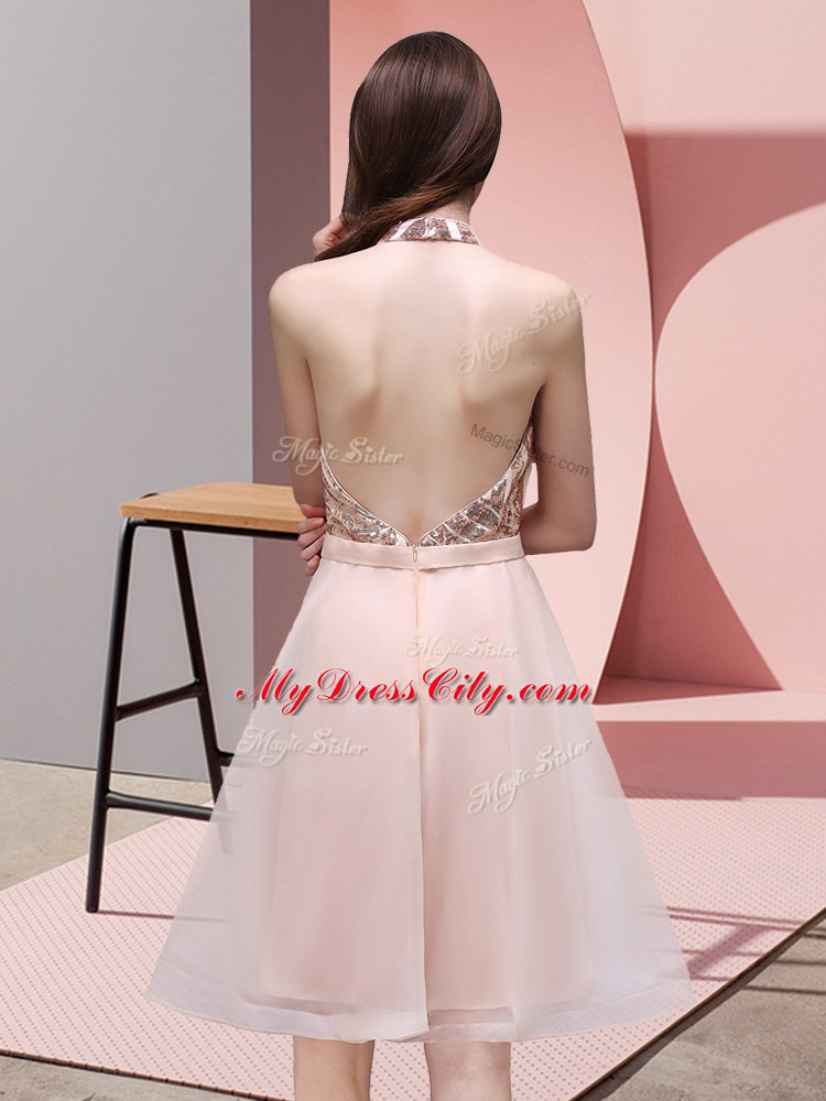 Dazzling Pink Backless Halter Top Sequins Vestidos de Damas Chiffon Sleeveless