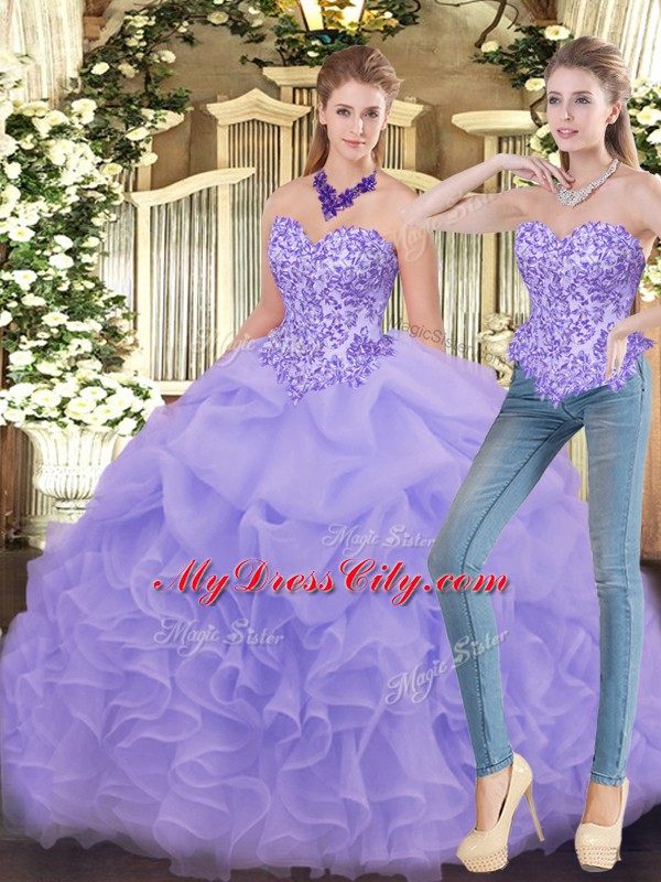 Lavender Ball Gown Prom Dress Military Ball and Sweet 16 and Quinceanera with Appliques and Ruffles Sweetheart Sleeveless Zipper