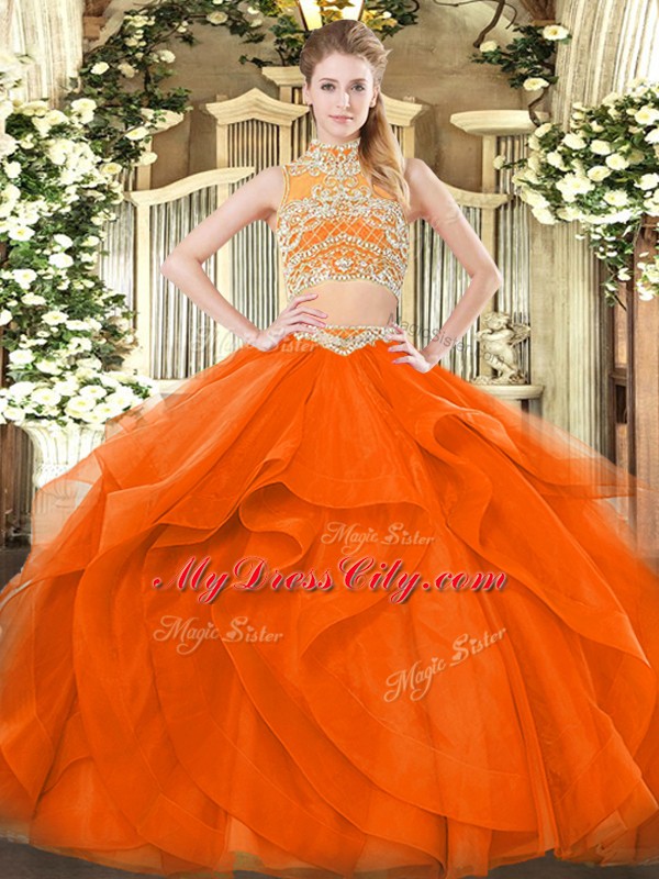 Customized Tulle High-neck Sleeveless Backless Beading and Ruffles Quince Ball Gowns in Orange Red