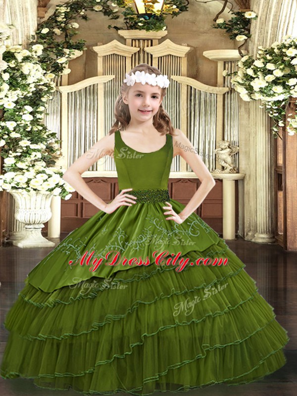 Customized Olive Green Ball Gowns Scoop Sleeveless Organza Floor Length Zipper Beading and Embroidery and Ruffled Layers Pageant Gowns