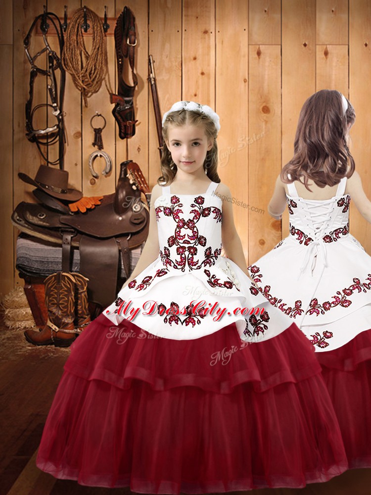 Custom Design Wine Red Ball Gowns Strapless Sleeveless Organza Sweep Train Lace Up Embroidery 15th Birthday Dress