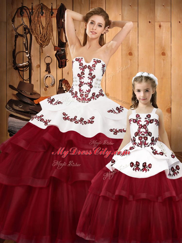 Custom Design Wine Red Ball Gowns Strapless Sleeveless Organza Sweep Train Lace Up Embroidery 15th Birthday Dress