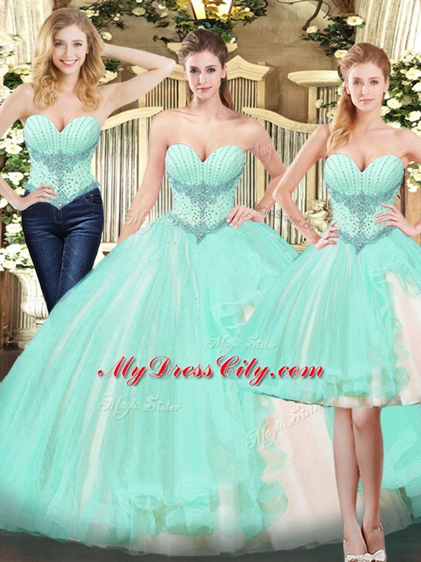 Apple Green Three Pieces Sweetheart Sleeveless Organza Floor Length Lace Up Beading and Ruffles 15 Quinceanera Dress