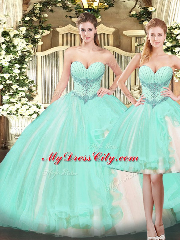 Apple Green Three Pieces Sweetheart Sleeveless Organza Floor Length Lace Up Beading and Ruffles 15 Quinceanera Dress