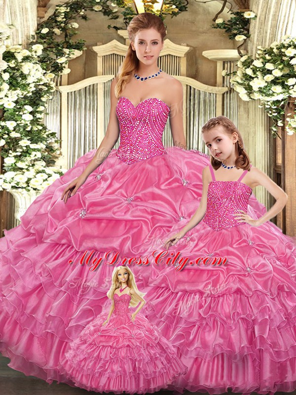 Rose Pink Sleeveless Organza Lace Up Quinceanera Dress for Military Ball and Sweet 16 and Quinceanera