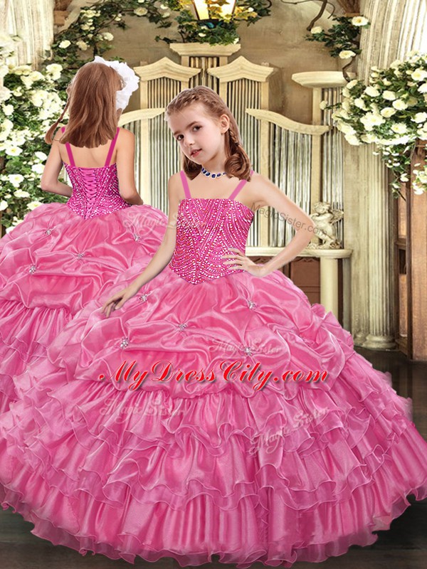 Rose Pink Sleeveless Organza Lace Up Quinceanera Dress for Military Ball and Sweet 16 and Quinceanera