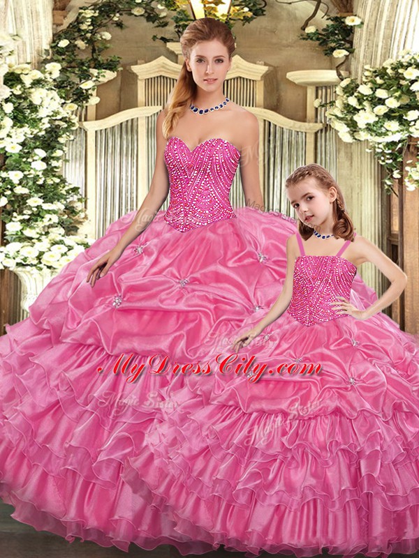 Rose Pink Sleeveless Organza Lace Up Quinceanera Dress for Military Ball and Sweet 16 and Quinceanera