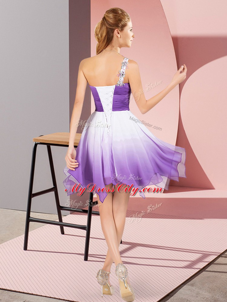 Lovely Multi-color One Shoulder Neckline Beading Dress for Prom Sleeveless Lace Up