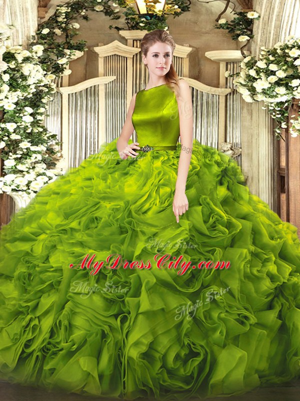 Fancy Olive Green Ball Gowns Fabric With Rolling Flowers Scoop Sleeveless Belt Floor Length Clasp Handle Quinceanera Dresses