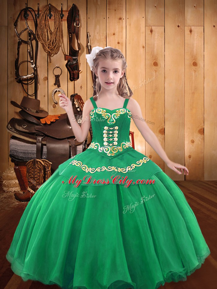 Luxurious Sleeveless Floor Length Embroidery and Ruffles Lace Up Kids Formal Wear with Turquoise