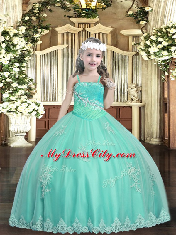 Classical Apple Green Ball Gowns Straps Sleeveless Tulle Floor Length Lace Up Appliques and Sequins Little Girl Pageant Dress