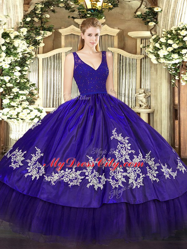 Classical Purple Backless 15th Birthday Dress Beading and Lace and Appliques Sleeveless Floor Length