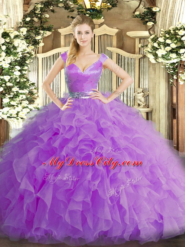 Luxury Lilac Sleeveless Ruffles Floor Length Quinceanera Dress