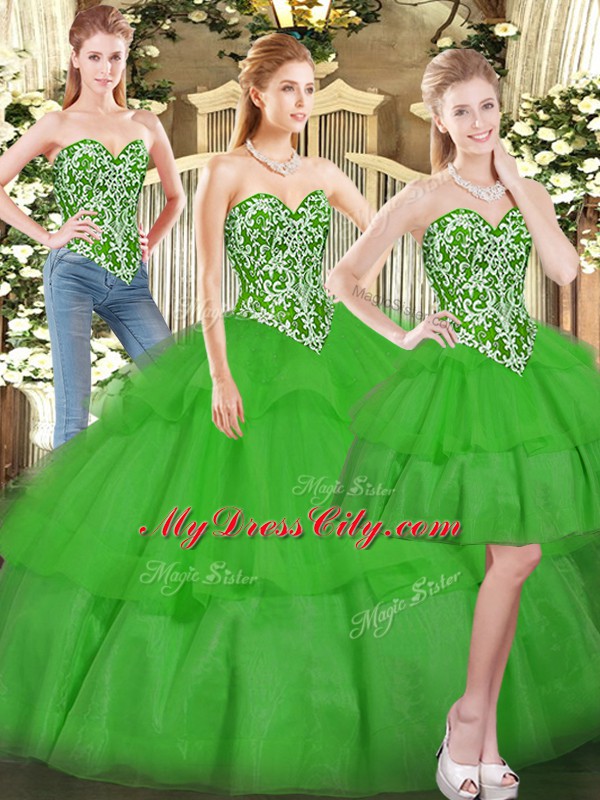 Custom Fit Sweetheart Sleeveless Sweet 16 Quinceanera Dress Floor Length Beading and Ruffled Layers Green Tulle