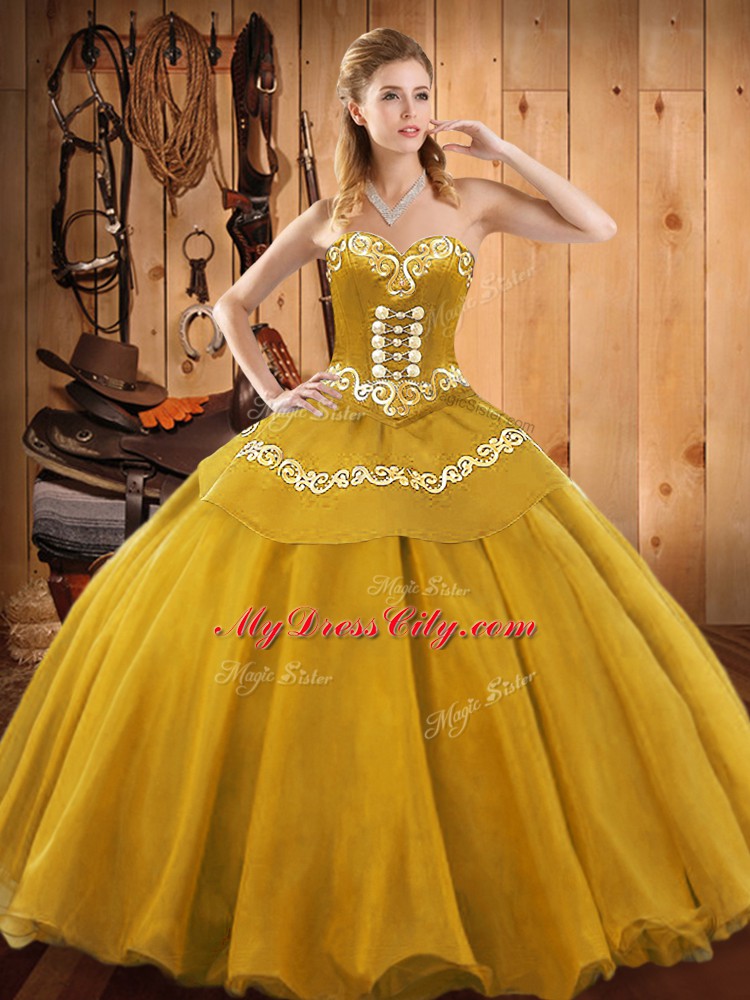 Luxurious Gold Satin and Tulle Lace Up Sweetheart Sleeveless Floor Length 15 Quinceanera Dress Embroidery