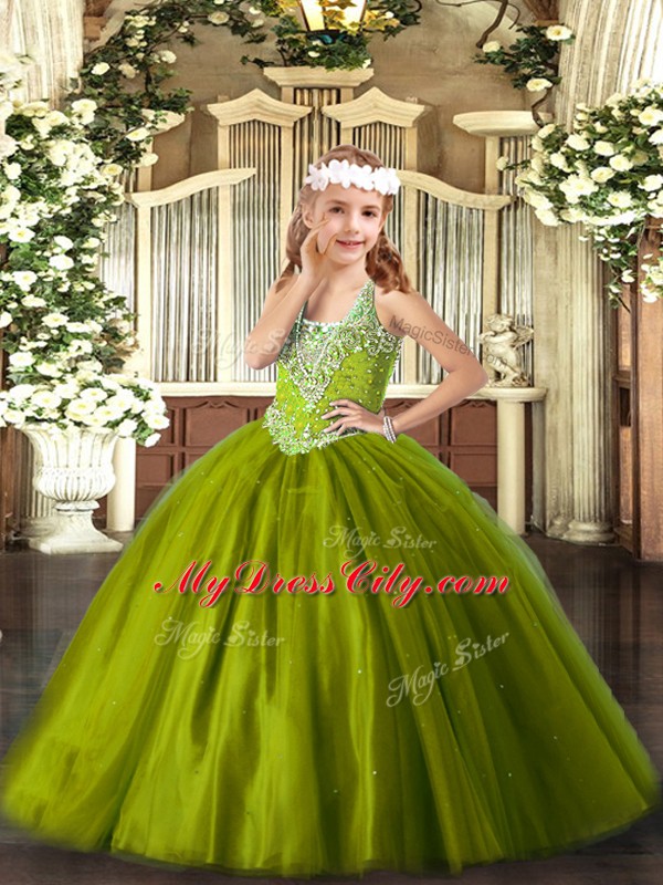 Latest Beading Kids Pageant Dress Olive Green Lace Up Sleeveless Floor Length