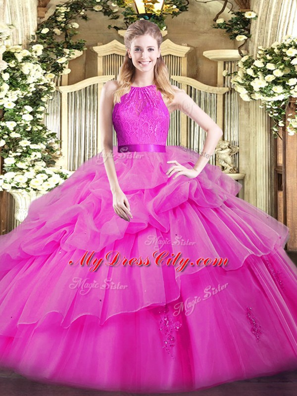 Fuchsia Organza Zipper Scoop Sleeveless Floor Length Quinceanera Dress Lace and Ruffled Layers